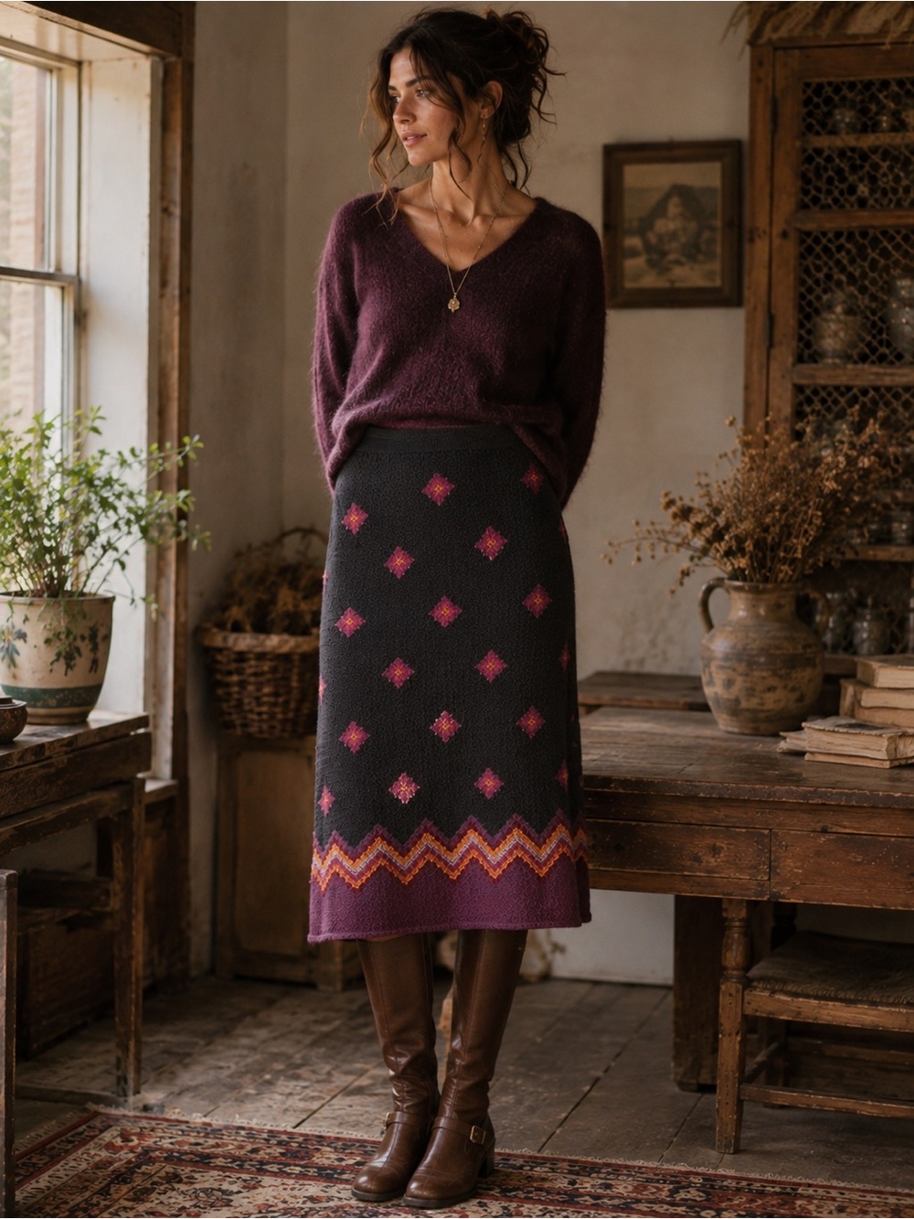 Peruvian Connection Womens Midi Skirt Sz Medium Black Brown Southwestern Knit